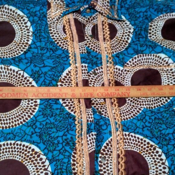 Handmade African Print Shirt Men XL Blue Tribal Mandala Fruit Snap Embroidered - Picture 5 of 16